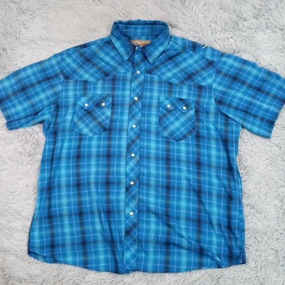 Vintage Wrangler Western Mens Shirt Blue Pearl Snap Up Rancher Chore Workwear XL - Picture 1 of 10